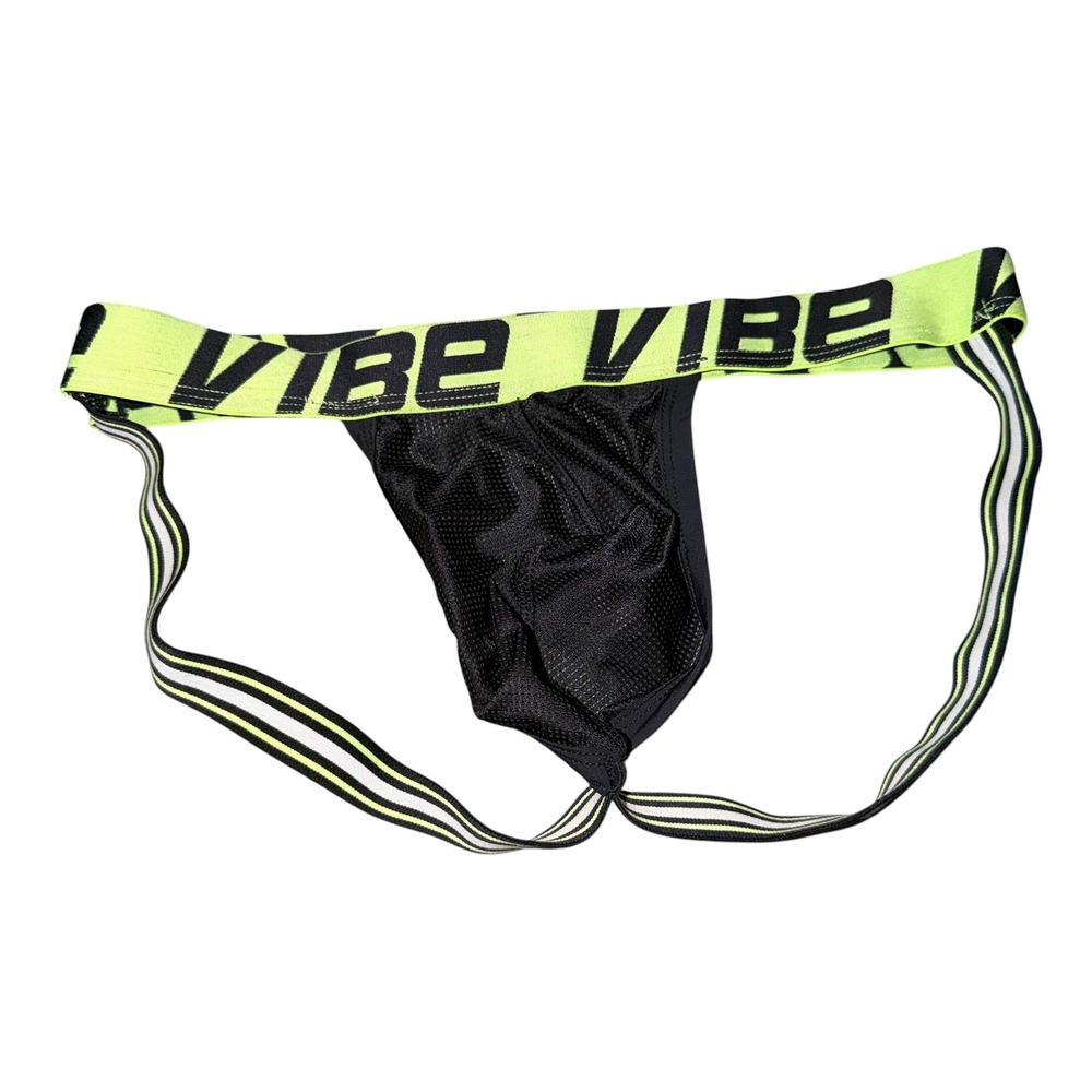 Vibe Mens Mesh Jockstrap Black Neon Yellow Logo Waistband Athletic‎ Underwear